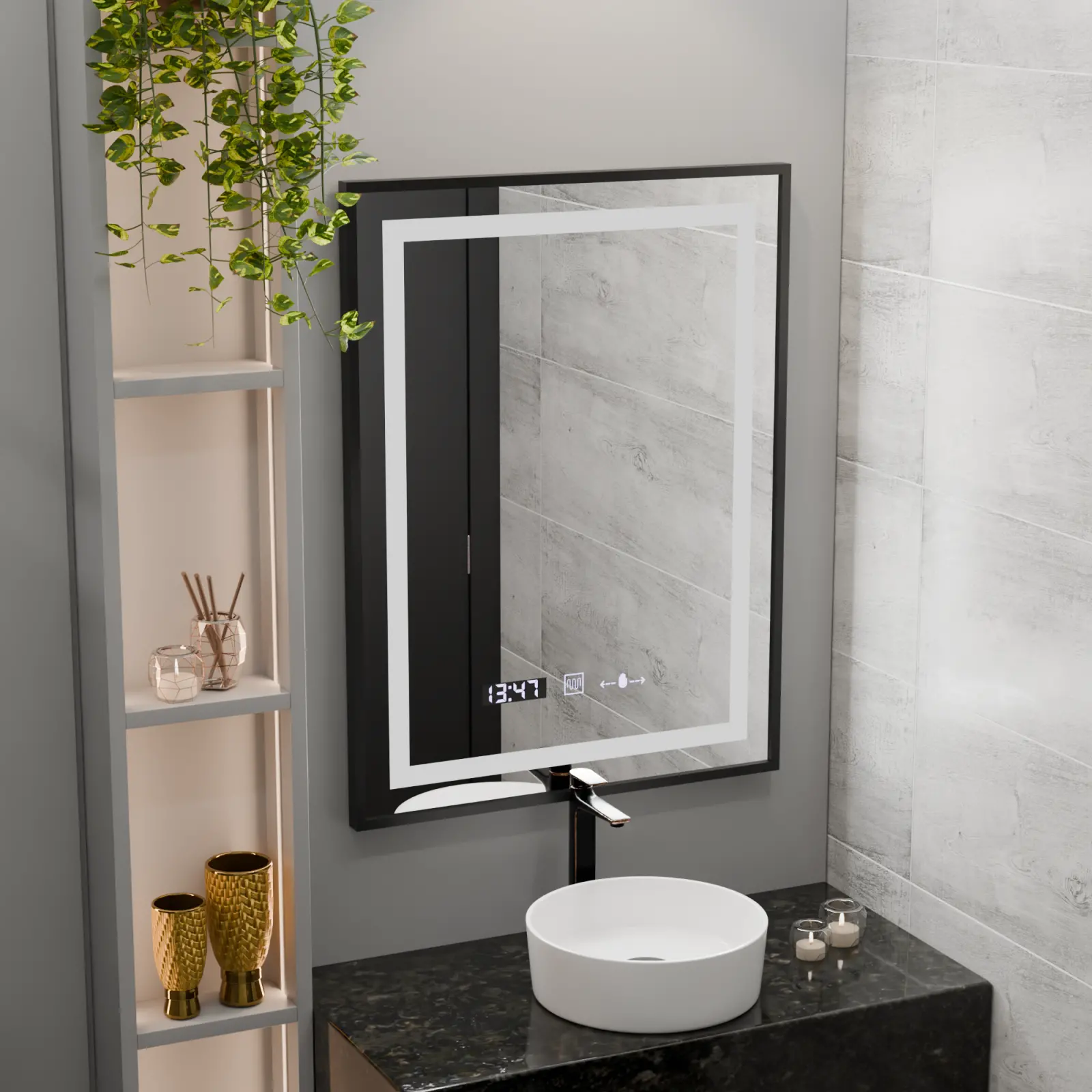 Oglinda LED Rectangulara, 50x70cm, Verite Majeste Noir Motion Glow Marcello, Sistem Dezaburire, Ceas & Termometru, Dimabila