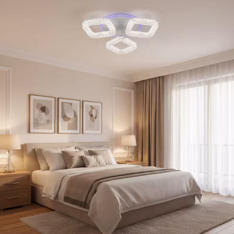 Lustra LED RENATO Nobile cu telecomanda si cristal, 39W, 3 Patrate, Lumina Rece/Calda/Neutra, Dimabila, Alb
