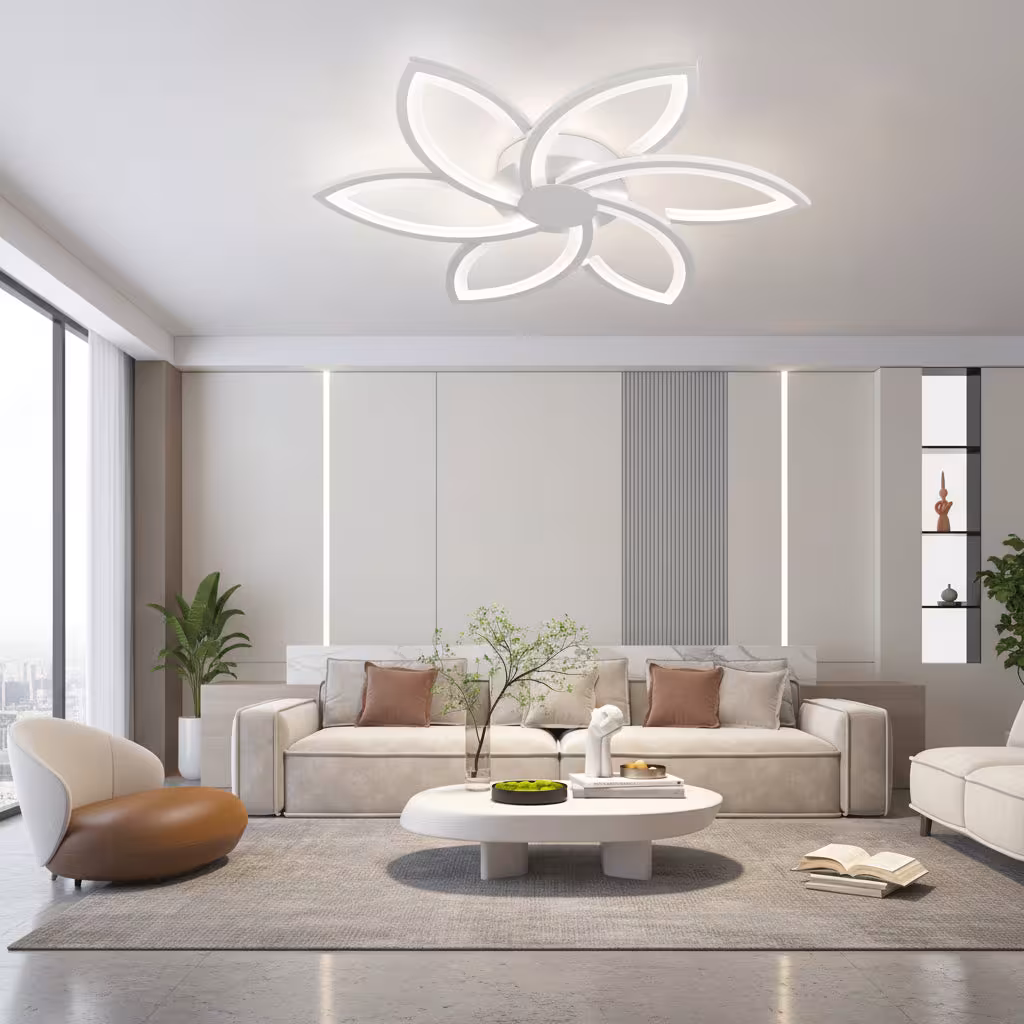 Lustra LED cu telecomanda si cristal FLORA 82W, 6 Petale, lumina Rece/Calda/Neutra, Dimabila, Alb