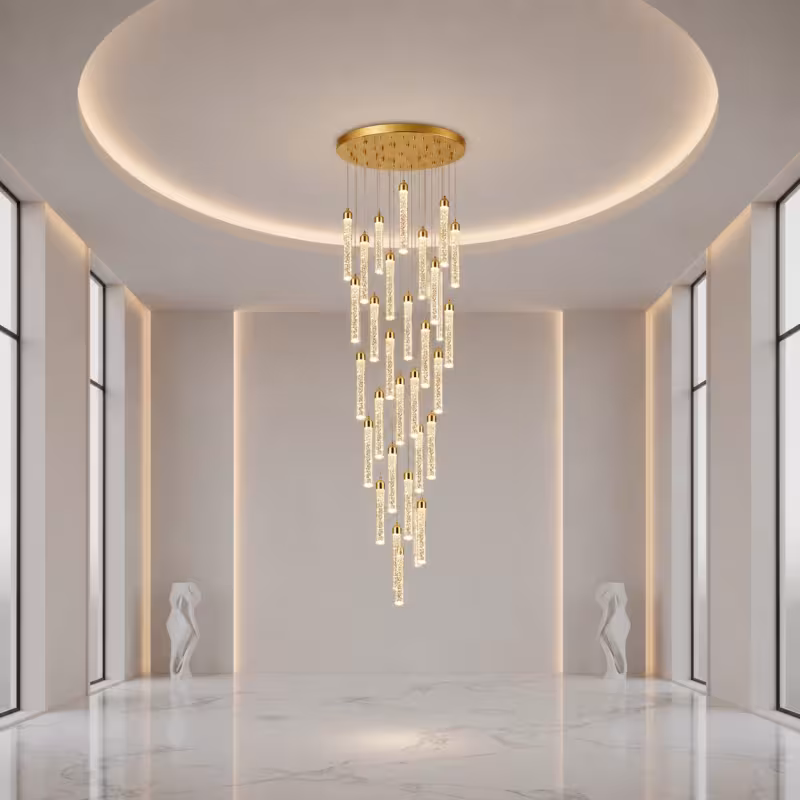 Previzualizare 2: Candelabru Cristal LAGOM LED cu Telecomanda, Suspendat, 30 Surse, 90W, Lumina Calda/Neutra/Rece, Diametru 60cm, Inaltime Reglabila, Auriu, Metal si Cristal