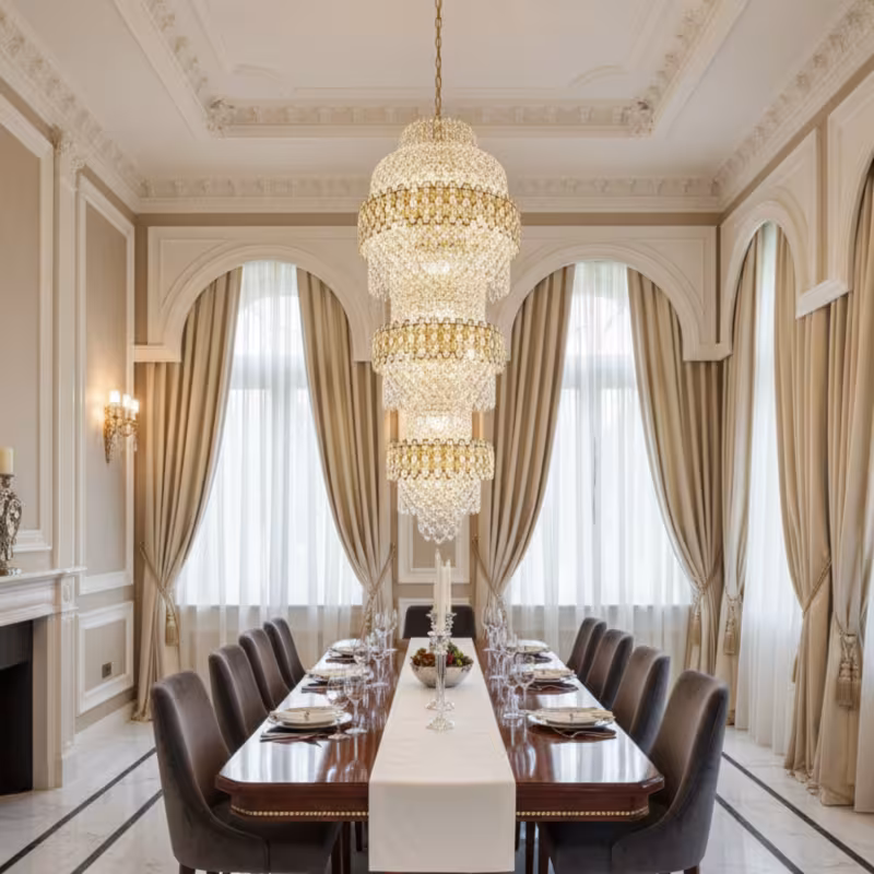 Previzualizare 3: Candelabru Cristal TRIO Regalis 63xE14, Diametru 80cm, Inaltime 260cm, Auriu Lucios, Inaltime Reglabila, Design Elegant