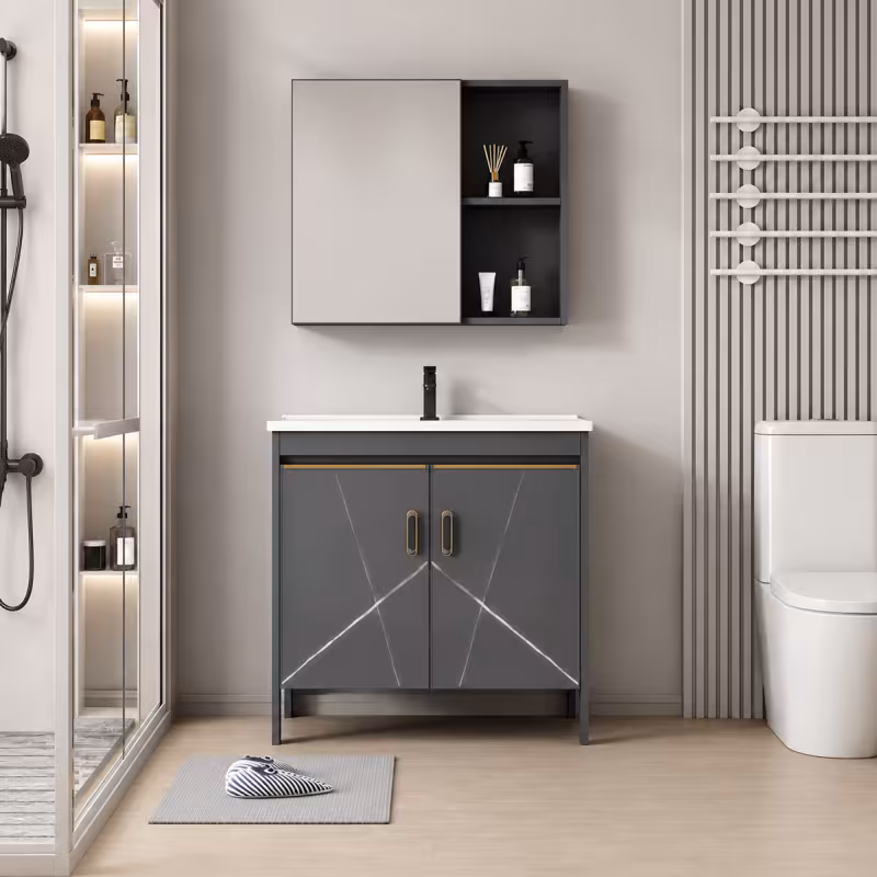 Previzualizare 2: Set Mobilier SIENA pentru Baie ,Dulap Lavoar+Dulap Oglinda 100cm, 2 Piese, Gri si Negru