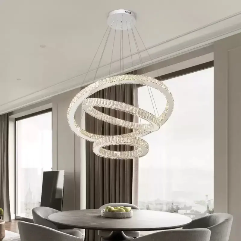 Previzualizare 4: Lustra LED suspendata cu telecomanda si cristal CAYDEN 200W, 3 Cercuri, lumina Rece/Calda/Neutra, Dimabila, Crom Lucios, Inaltime Reglabila