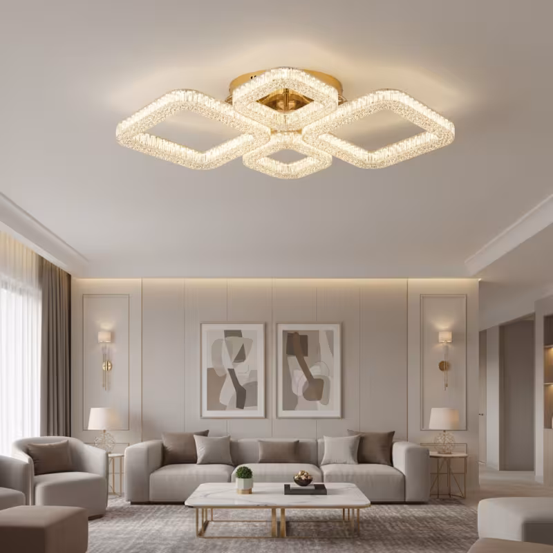 Previzualizare 2: Lustra LED RENATO Eleganza cu telecomanda si cristal, 73W, 4 Patrate, Lumina Rece/Calda/Neutra, Dimabila, Auriu