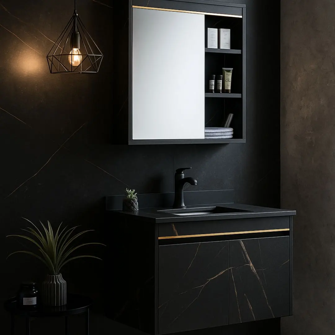Set Mobilier MARBLE pentru Baie, Dulap Lavoar+Dulap Oglinda 80cm, 2 Piese, Negru