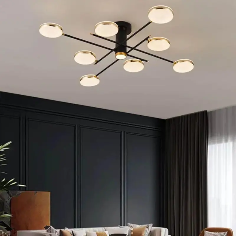 Lustra LED cu telecomanda si cristal MISEL 154W, 9 Elemente, lumina Rece/Calda/Neutra, Dimabila, Negru Auriu