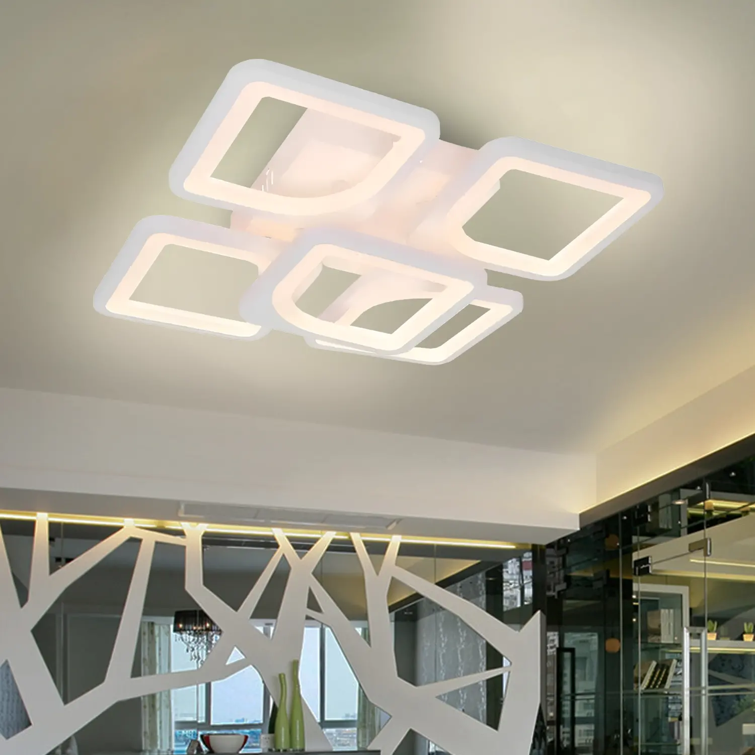 Lustra LED cu telecomanda ZOE 70W, 5 Patrate, lumina Rece/Calda/Neutra, Dimabila, Alb
